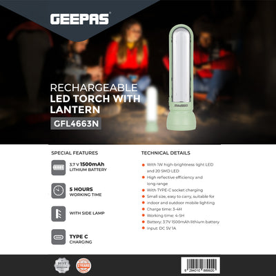 Geepas GFL4663 Rechargeable LED Torch with Lantern | Type-C Charging | 1500mAh Lithium Battery | 5 hours working |Lightweight & portable | High reflective efficiency