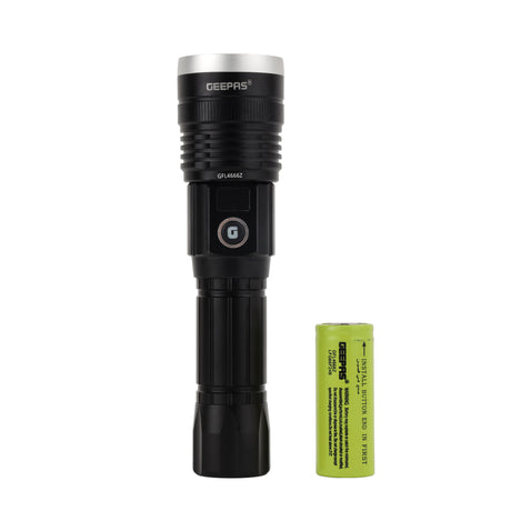 Geepas GFL4666 Digital Zoomable LED Flashlight with Power Bank |3000 Lumens |Built-in 6000mAh rechargeable Li-ion battery | USB Type-C charging | 6063 aluminum alloy body