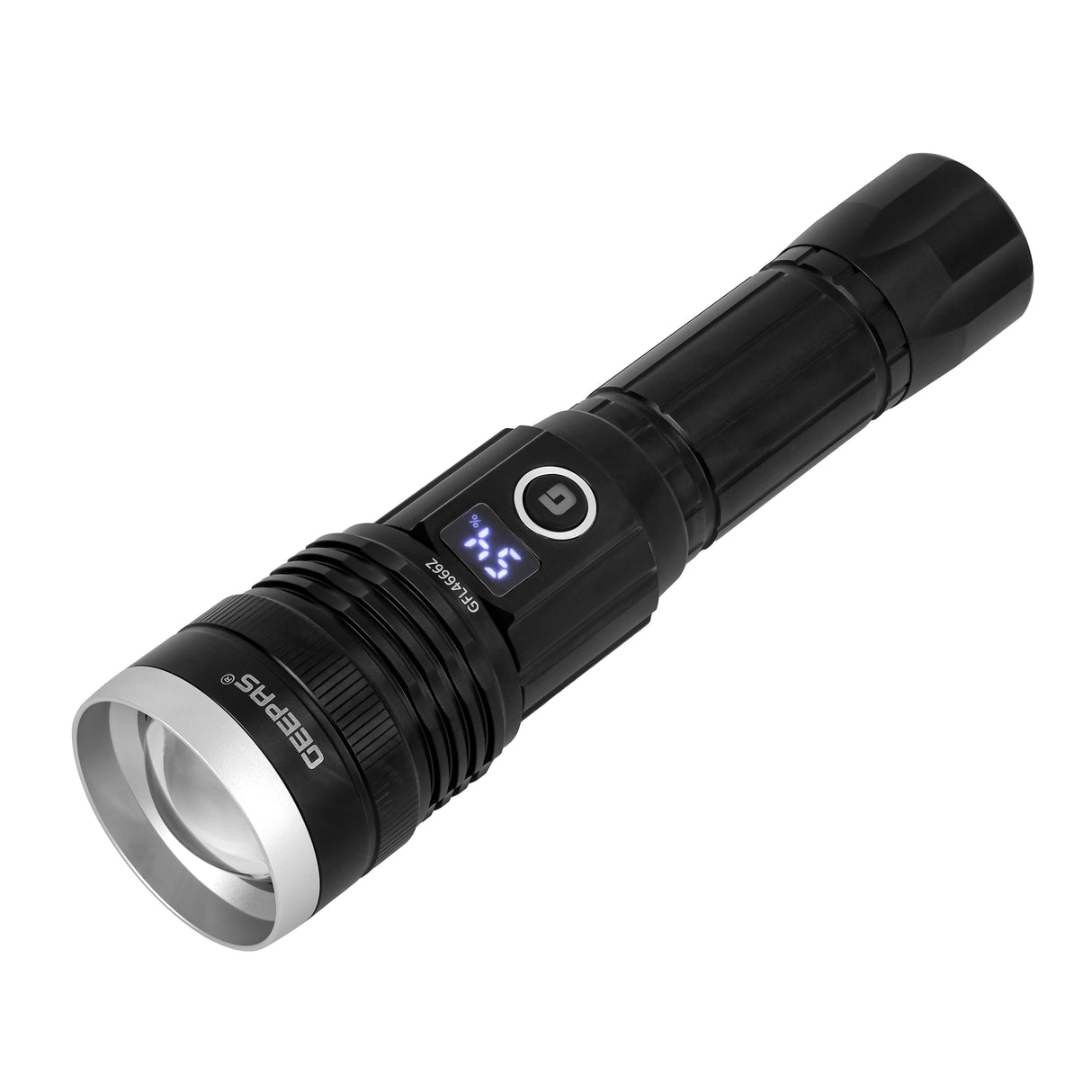 Geepas GFL4666 Digital Zoomable LED Flashlight with Power Bank |3000 Lumens |Built-in 6000mAh rechargeable Li-ion battery | USB Type-C charging | 6063 aluminum alloy body