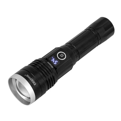 Geepas GFL4666 Digital Zoomable LED Flashlight with Power Bank |3000 Lumens |Built-in 6000mAh rechargeable Li-ion battery | USB Type-C charging | 6063 aluminum alloy body