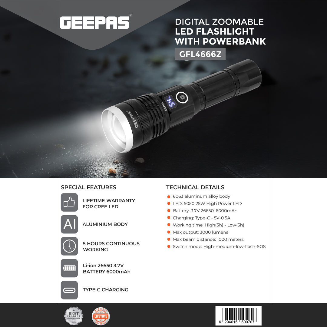 Geepas GFL4666 Digital Zoomable LED Flashlight with Power Bank |3000 Lumens |Built-in 6000mAh rechargeable Li-ion battery | USB Type-C charging | 6063 aluminum alloy body