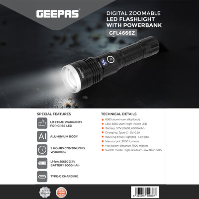 Geepas GFL4666 Digital Zoomable LED Flashlight with Power Bank |3000 Lumens |Built-in 6000mAh rechargeable Li-ion battery | USB Type-C charging | 6063 aluminum alloy body