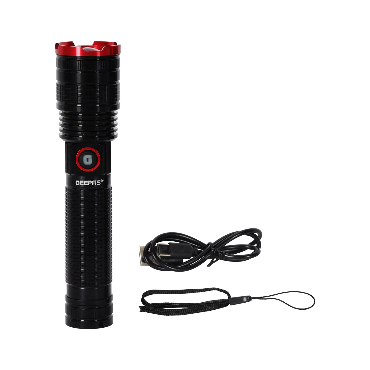 Geepas GFL4667 Zoomable LED Flashlight | 1500 Lumens | Type-C Rechargeable Torch | Long-range beam distance up to 600 meters | 6063 aircraft-grade aluminium alloy body