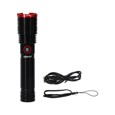 Geepas GFL4667 Zoomable LED Flashlight | 1500 Lumens | Type-C Rechargeable Torch | Long-range beam distance up to 600 meters | 6063 aircraft-grade aluminium alloy body
