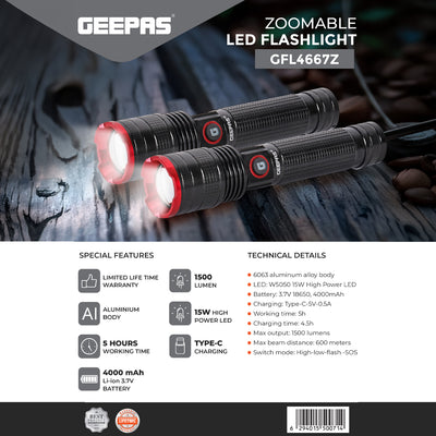 Geepas GFL4667 Zoomable LED Flashlight | 1500 Lumens | Type-C Rechargeable Torch | Long-range beam distance up to 600 meters | 6063 aircraft-grade aluminium alloy body