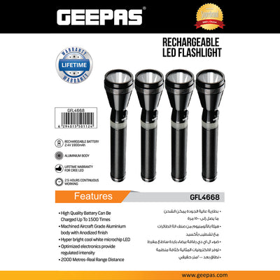 Geepas GFL4668 Rechargeable LED Flashlight |  Aluminum Body | 1900mAh Battery | Long-range illumination up to 2000 meters | Aircraft-grade aluminum body |Ergonomic grip