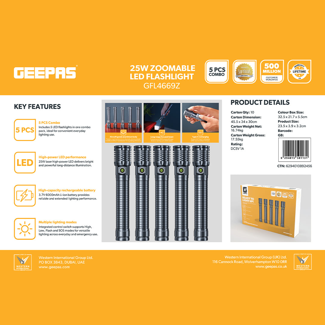 Geepas GFL4669 25W Zoomable LED Flashlight |5PCS Combo | Rechargeable Type-C Torch | Aircraft-Grade Aluminium Body |6000mAh Rechargeable Lithium Battery |Portable Design