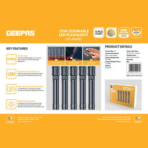 Geepas GFL4669 25W Zoomable LED Flashlight |5PCS Combo | Rechargeable Type-C Torch | Aircraft-Grade Aluminium Body |6000mAh Rechargeable Lithium Battery |Portable Design
