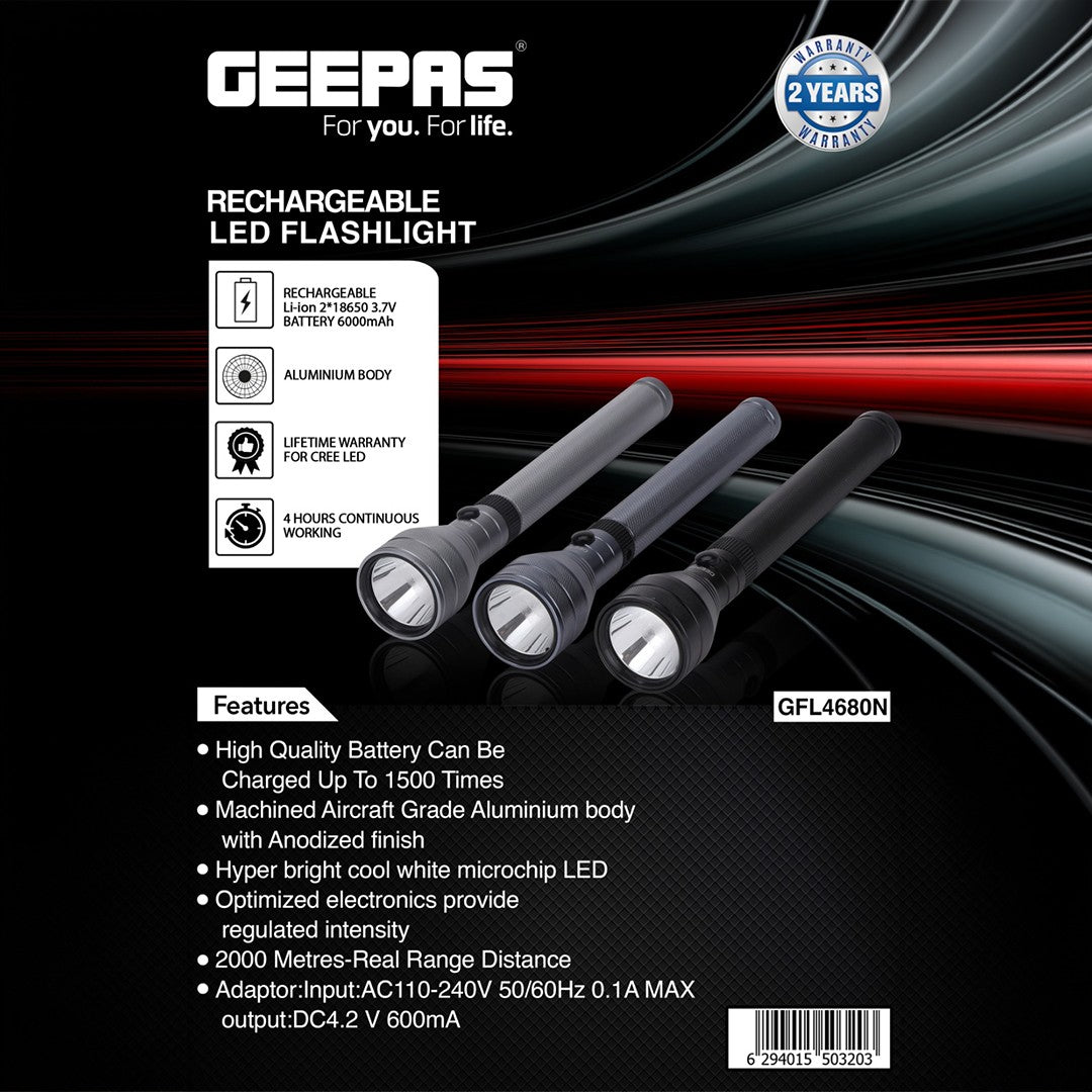 Geepas GFL4680 Rechargeable LED Flashlight | 3PCS Combo | 6000mAh Aluminium Torch|  Up to 4 Hours  Runtime | Aircraft-Grade Aluminium Body | Rechargeable Up to 1500 Times