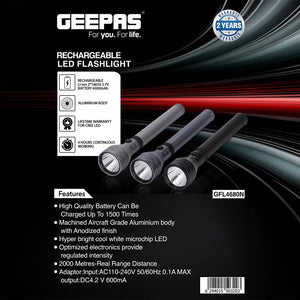 Geepas GFL4680 Rechargeable LED Flashlight | 3PCS Combo | 6000mAh Aluminium Torch|  Up to 4 Hours  Runtime | Aircraft-Grade Aluminium Body | Rechargeable Up to 1500 Times