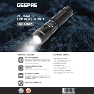 Geepas GFL4684 Zoomable Rechargeable LED Flashlight | 1000 Lumens | 1500m Beam Distance | 6063 aircraft-grade aluminium body | USB Type-C fast charging | Lightweight