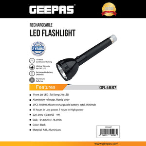 Geepas GFL4687 Rechargeable LED Flashlight | 3000mAh Lithium Battery Torch | Up to 12 hours of  working time | Bright, focused LED illumination |Lifetime warranty for LED