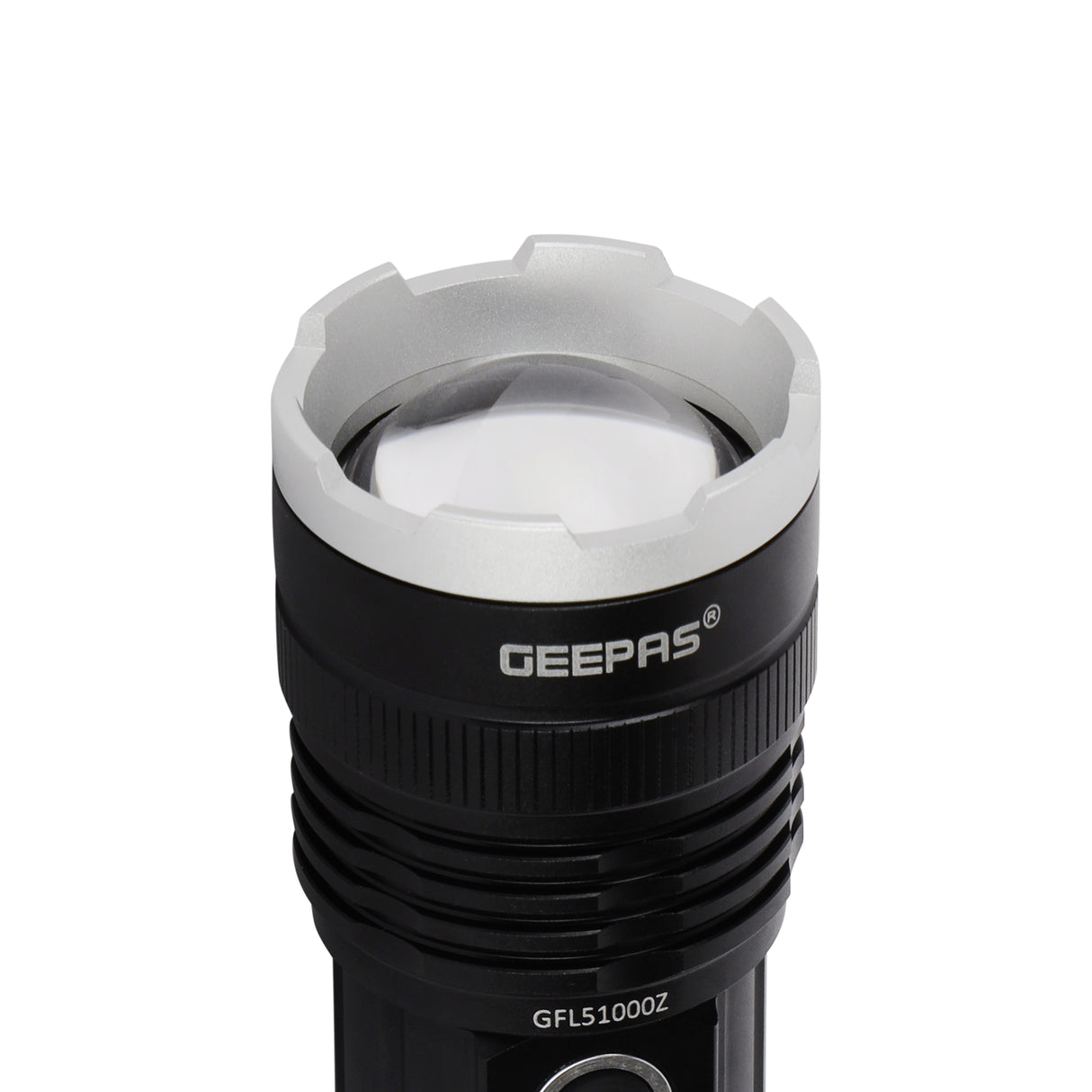 Geepas GFL51000 Zoomable LED Flashlight |2500 Lumens | Type-C Rechargeable Tactical Torch | 6063 aircraft-grade aluminium body |Multiple lighting modes| Lifetime warranty
