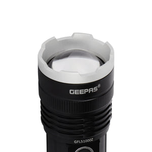 Geepas GFL51000 Zoomable LED Flashlight |2500 Lumens | Type-C Rechargeable Tactical Torch | 6063 aircraft-grade aluminium body |Multiple lighting modes| Lifetime warranty