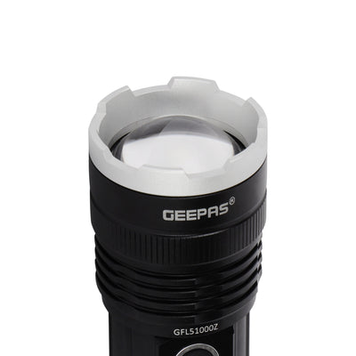 Geepas GFL51000 Zoomable LED Flashlight |2500 Lumens | Type-C Rechargeable Tactical Torch | 6063 aircraft-grade aluminium body |Multiple lighting modes| Lifetime warranty
