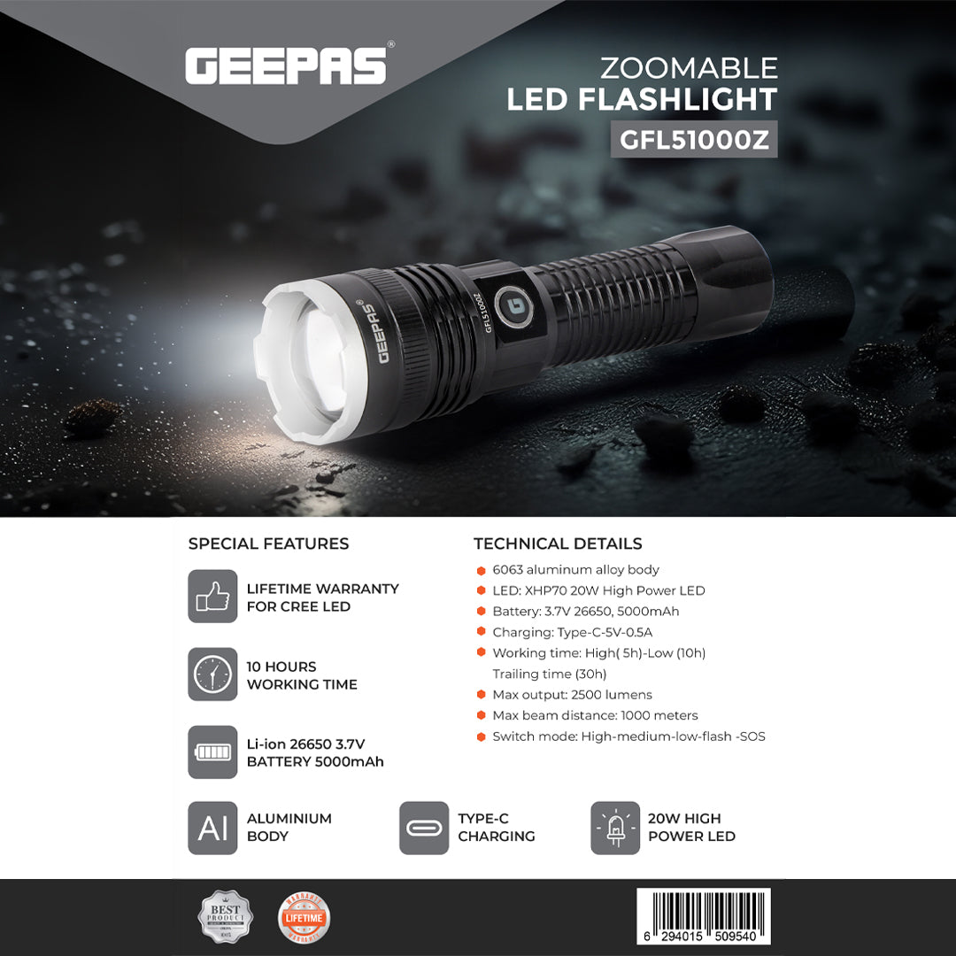 Geepas GFL51000 Zoomable LED Flashlight |2500 Lumens | Type-C Rechargeable Tactical Torch | 6063 aircraft-grade aluminium body |Multiple lighting modes| Lifetime warranty