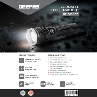 Geepas GFL51000 Zoomable LED Flashlight |2500 Lumens | Type-C Rechargeable Tactical Torch | 6063 aircraft-grade aluminium body |Multiple lighting modes| Lifetime warranty