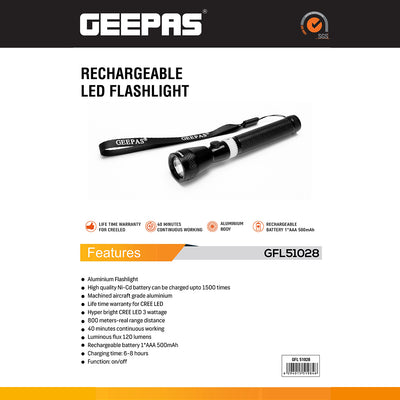 Geepas GFL51028 Rechargeable LED Flashlight | 3W CREE LED Aluminium Torch | 800-Metre Beam Distance |Aircraft-Grade Aluminium Body | Up to 1,500 Recharge Cycles