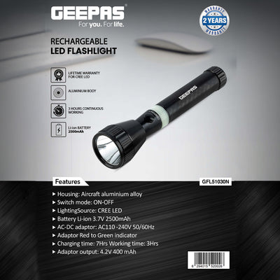 Geepas GFL51030 Rechargeable LED Flashlight | CREE LED 2500mAh Torch | Rechargeable 3.7V 2500mAh Li-ion battery | Up to 3 hours  working time | LED charging indicator