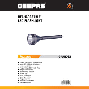 Geepas GFL51032 Rechargeable LED Flashlight | 10W XPG LED | 550 Lumens | 4000mAh Battery | Up to 3 Hours Continuous Runtime | Convenient USB Charging |Fast Recharge Time