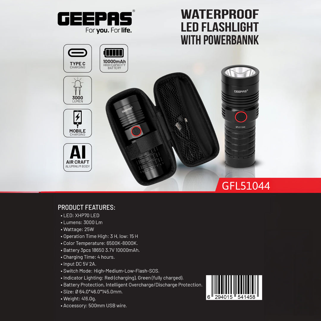 Geepas GFL51044 Waterproof LED Flashlight |  Power Bank |  3000 Lumens |  10000mAh Battery |  Powerful XHP70 LED |USB Type-C charging support | Waterproof construction