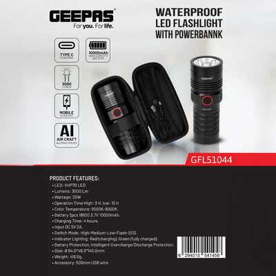 Geepas GFL51044 Waterproof LED Flashlight |  Power Bank |  3000 Lumens |  10000mAh Battery |  Powerful XHP70 LED |USB Type-C charging support | Waterproof construction