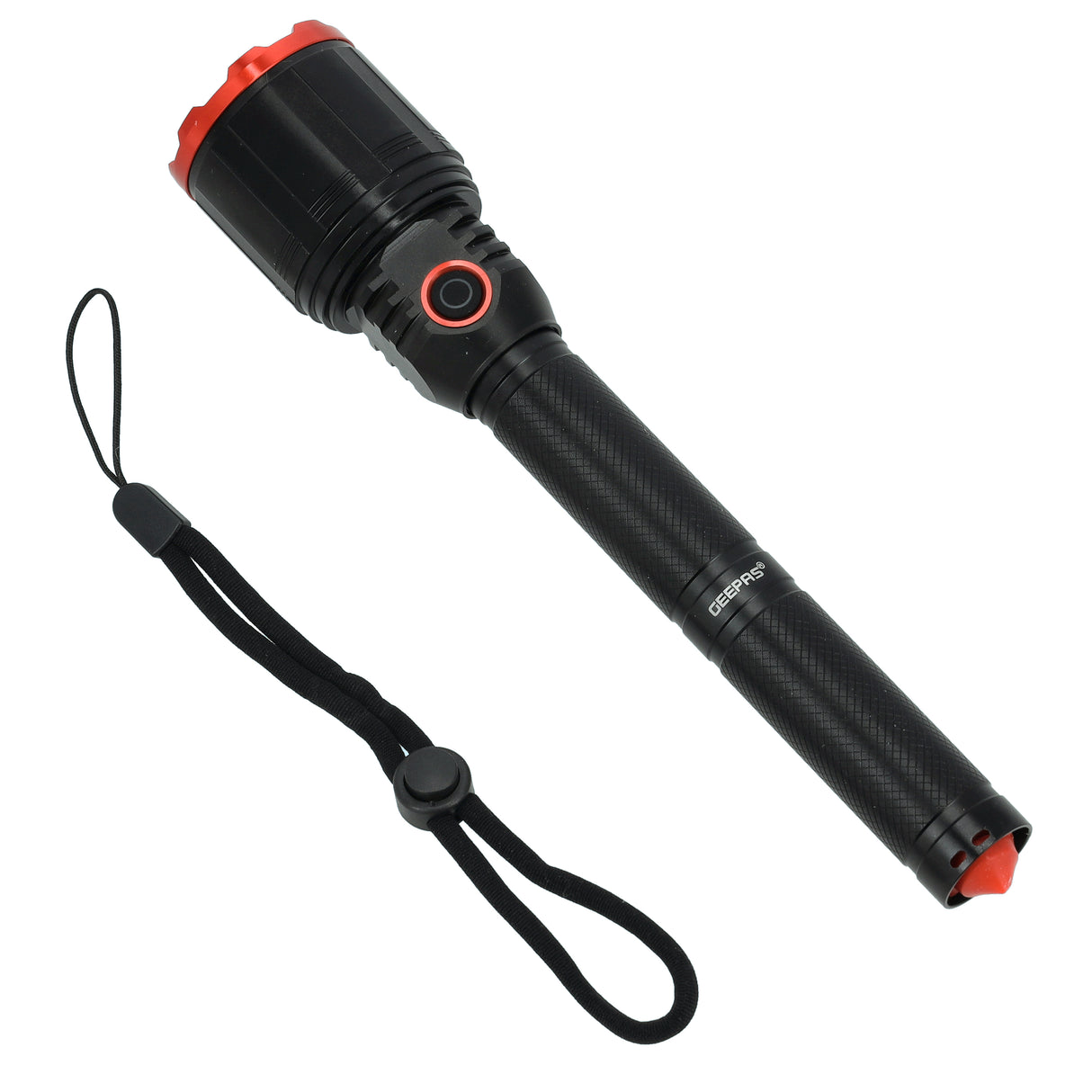 Geepas GFL51050 Rechargeable LED Flashlight | 15W XHP50 High Power Torch| 1300 Lumens Output| Long-Lasting Li-ion Battery| Micro USB Charging & Multiple Light Modes