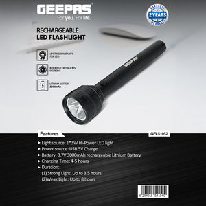 Geepas GFL51052 Rechargeable LED Flashlight | 3W LED | 3000mAh USB Rechargeable Torch | Dual Lighting Runtime |Comfortable Ergonomic Design |Lifetime LED Warranty