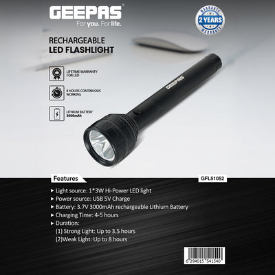 Geepas GFL51052 Rechargeable LED Flashlight | 3W LED | 3000mAh USB Rechargeable Torch | Dual Lighting Runtime |Comfortable Ergonomic Design |Lifetime LED Warranty