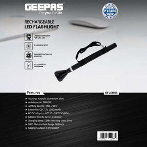 Geepas GFL51056 Rechargeable LED Flashlight | 5000m Range | XML-2 LED | 10000mAh Battery | Aircraft-grade aluminum alloy  | AC/DC charging compatibility| Ergonomic design