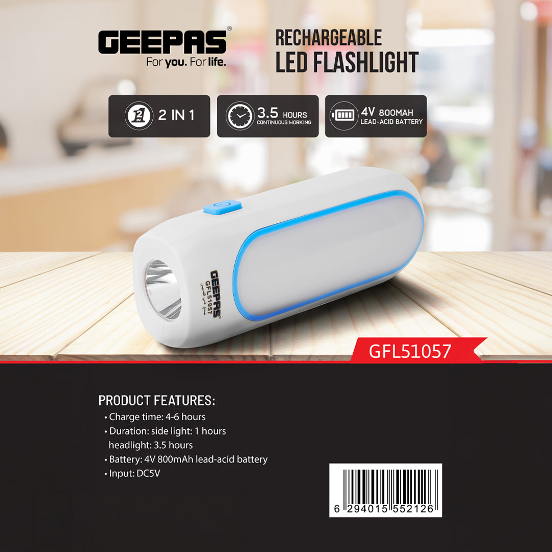 Geepas GFL51057 Rechargeable LED Flashlight | 2-in-1 Emergency Torch Design | 3.5 Hours Working| Side Light| Long-Lasting 4V Battery & Reliable Home Lighting Solution