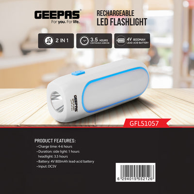 Geepas GFL51057 Rechargeable LED Flashlight | 2-in-1 Emergency Torch Design | 3.5 Hours Working| Side Light| Long-Lasting 4V Battery & Reliable Home Lighting Solution