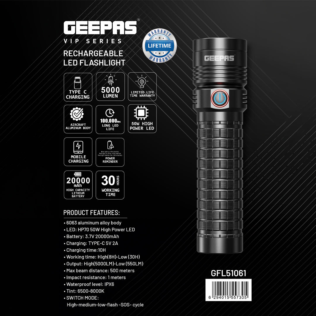 Geepas Rechargeable LED Flashlight- GFL51061/ 50W, 6500-8000K, Perfect for Indoor and Outdoor Use, 30 Hours Continuous Working/ with Aircraft Aluminum Housing