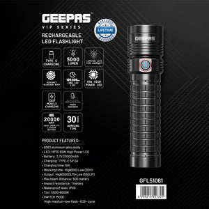 Geepas Rechargeable LED Flashlight- GFL51061/ 50W, 6500-8000K, Perfect for Indoor and Outdoor Use, 30 Hours Continuous Working/ with Aircraft Aluminum Housing