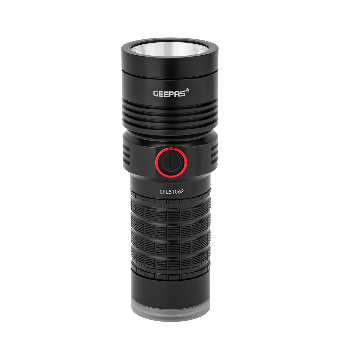 Geepas GFL51062 Rechargeable LED Flashlight with Power Bank – 25W, 3000LM, 6500-8000K, 24h Runtime, IPX6 Waterproof, Aluminum Body, Lithium Battery, Black