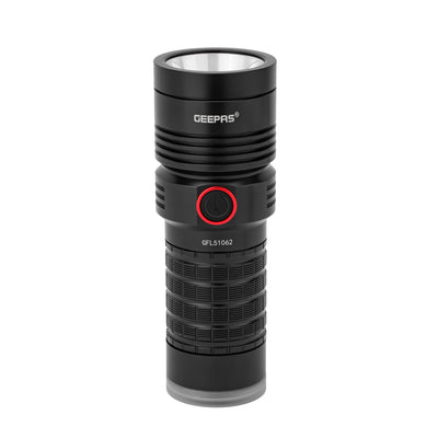 Geepas GFL51062 Rechargeable LED Flashlight with Power Bank – 25W, 3000LM, 6500-8000K, 24h Runtime, IPX6 Waterproof, Aluminum Body, Lithium Battery, Black