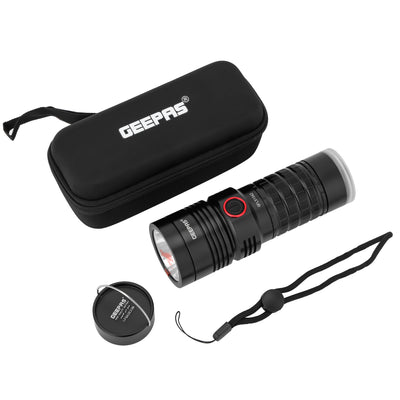 Geepas GFL51062 Rechargeable LED Flashlight with Power Bank – 25W, 3000LM, 6500-8000K, 24h Runtime, IPX6 Waterproof, Aluminum Body, Lithium Battery, Black