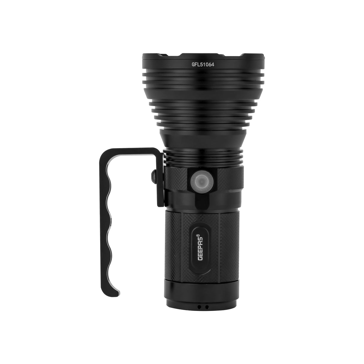 Geepas Rechargeable LED Flashlight GFL51064, 50W, 5000lm, 6000-7000K, 15h runtime, IPX5 waterproof, aluminum body, lithium battery, mobile charging, black
