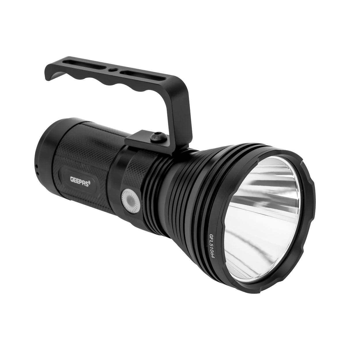 Geepas Rechargeable LED Flashlight GFL51064, 50W, 5000lm, 6000-7000K, 15h runtime, IPX5 waterproof, aluminum body, lithium battery, mobile charging, black