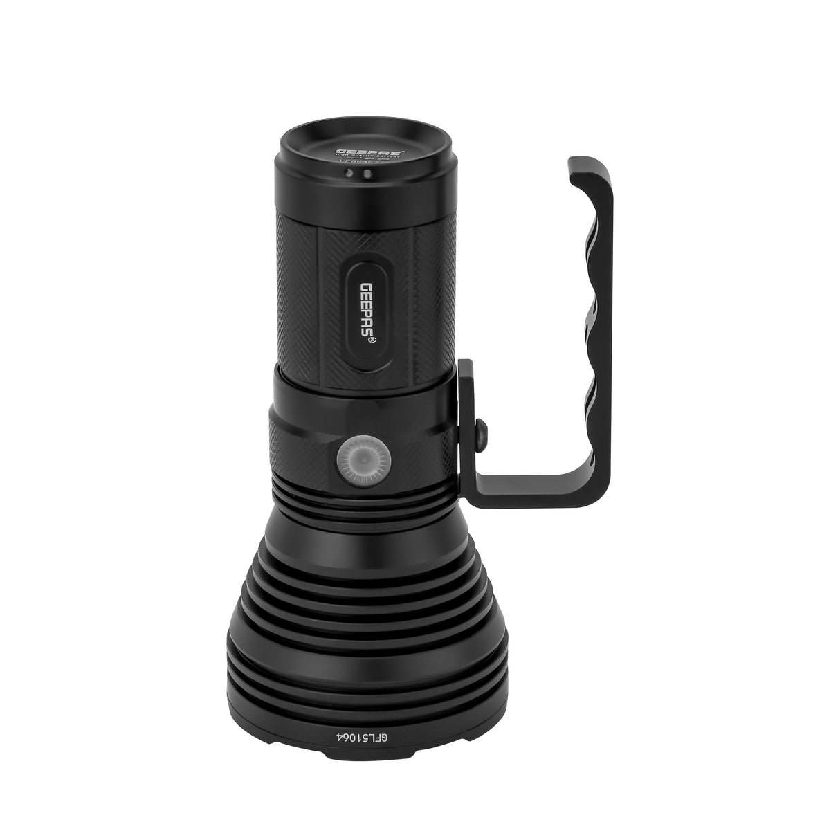 Geepas Rechargeable LED Flashlight GFL51064, 50W, 5000lm, 6000-7000K, 15h runtime, IPX5 waterproof, aluminum body, lithium battery, mobile charging, black