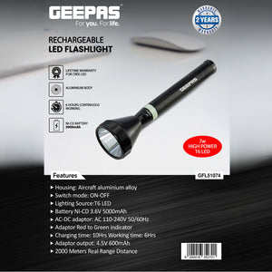 Geepas GFL51074 Rechargeable LED Flashlight | 7W T6 LED | 5000mAh Ni-CD Battery | 2000m Beam Distance | Up to 6 hours of  working time | Lifetime warranty for the T6 LED