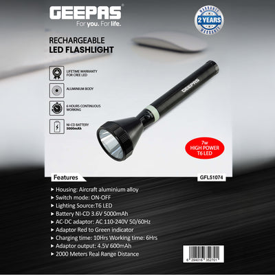 Geepas GFL51074 Rechargeable LED Flashlight | 7W T6 LED | 5000mAh Ni-CD Battery | 2000m Beam Distance | Up to 6 hours of  working time | Lifetime warranty for the T6 LED