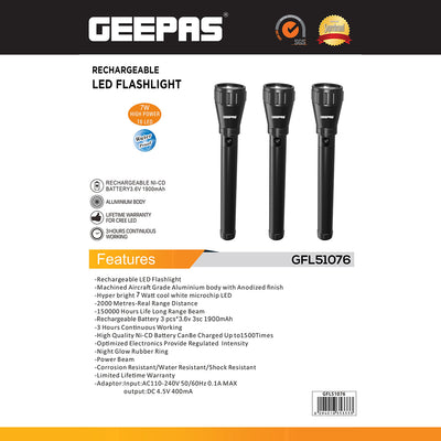 Geepas GFL51076 Rechargeable 7W T6 LED Flashlight Combo | 3PCS Aluminium Torch | Long Beam Range | Aircraft-Grade Aluminium Construction | Up to 3 Hours Runtime