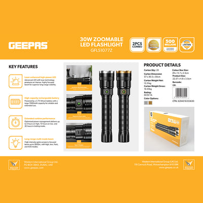 Geepas GFL51077 30W Zoomable LED Flashlight 2PCS Combo | 7000mAh Rechargeable | 2600m Beam |USB Type-C fast charging | aircraft-grade aluminium body | lightweight