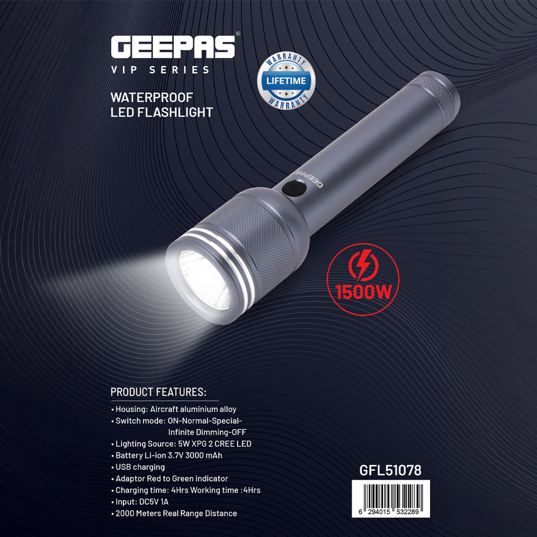 Geepas GFL51078 Waterproof LED Flashlight | 5W CREE XPG2 LED | 3000mAh Rechargeable Battery | Aircraft-grade aluminium alloy housing |Up to 4 hours working |USB charging
