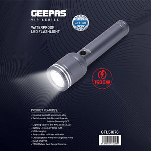 Geepas GFL51078 Waterproof LED Flashlight | 5W CREE XPG2 LED | 3000mAh Rechargeable Battery | Aircraft-grade aluminium alloy housing |Up to 4 hours working |USB charging