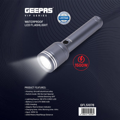 Geepas GFL51078 Waterproof LED Flashlight | 5W CREE XPG2 LED | 3000mAh Rechargeable Battery | Aircraft-grade aluminium alloy housing |Up to 4 hours working |USB charging