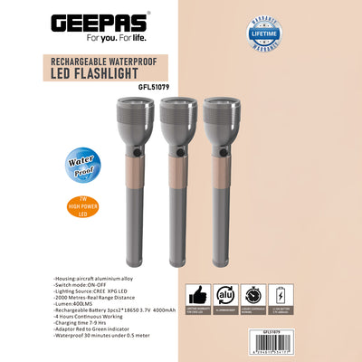Geepas GFL51079 Rechargeable Waterproof LED Flashlight | 7W CREE XPG LED | 4000mAh Battery |  charging status indicator | Durable, lightweight  & corrosion-resistant