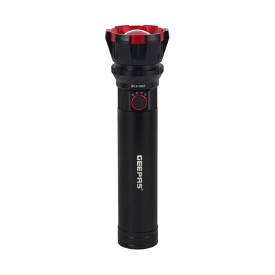 Geepas Zoomable LED Flashlight- GFL51080Z | 30W, 3000 Lumens | 2 Lighting Modes | 10Hrs Runtime | Battery Level Indicator | Lithium Battery | Black, Lifetime Warranty