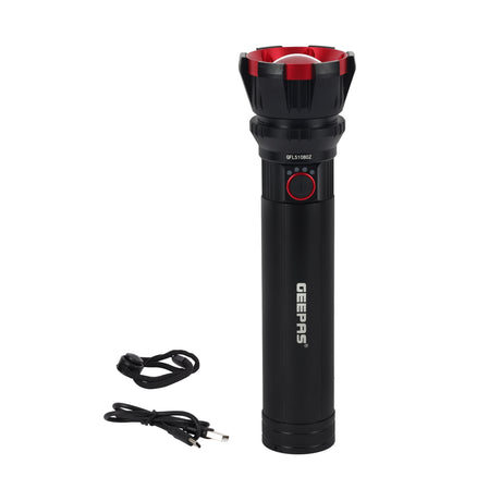 Geepas Zoomable LED Flashlight- GFL51080Z | 30W, 3000 Lumens | 2 Lighting Modes | 10Hrs Runtime | Battery Level Indicator | Lithium Battery | Black, Lifetime Warranty